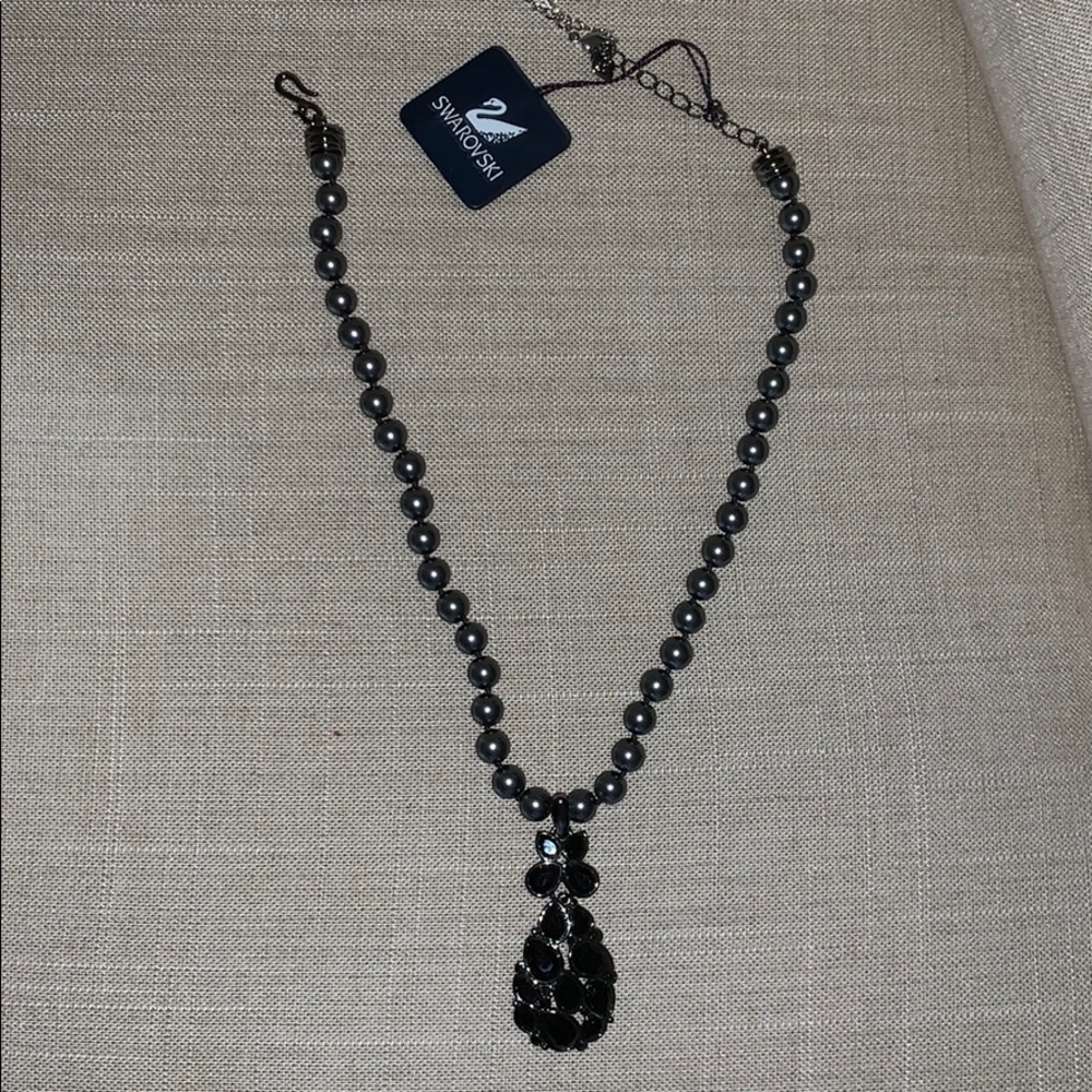 Swarovski silver beads w/ black crystal pendant16”